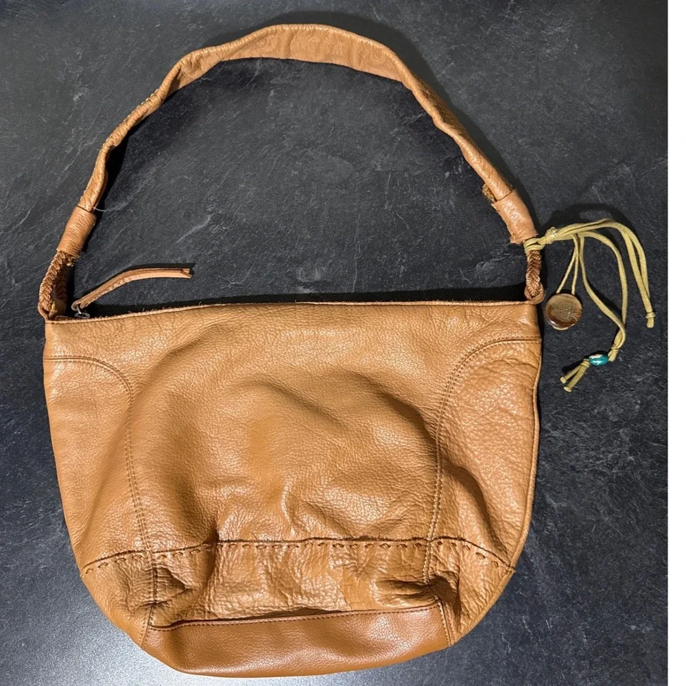 The Sak Tan Leather Fernwood Hobo Shoulder Bag Whipstitch Braided Strap Cognac